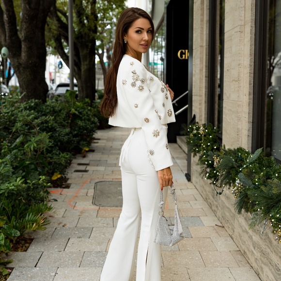 Blazer & Pants Suit Set With Crystal Embellishments - White - Picture 7 of 12